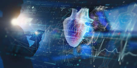 Cardiologist doctor check up report electronic medical record and examine heart function of patient...
