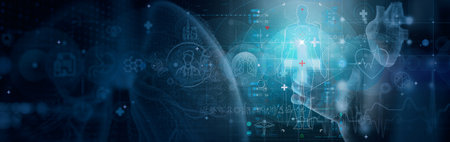 Consultation with a doctor. Full body health check up Medical diagnosis of human cardiovascular diseases, blood pressure, heart anatomy, lungs.Doctor working  intelligence network connecting data analysis innovation technology in medical and science develop.の写真素材