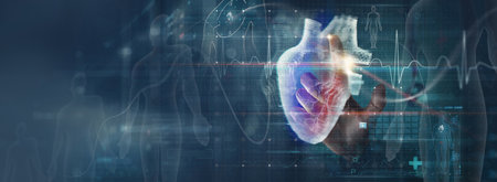 Cardiologist doctor diagnosis patient heart functions and blood vessel on virtual dashboard. Medical...
