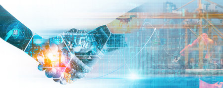 Global industry concept.Manager Ai Technical Industrial Engineer working and control robotics with...