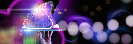 Business hand holding icon Ui of Cloud Computing Technology Internet Storage Network Concept.Cloud...