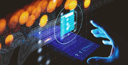 Hand touch smart phone icon of Document Management Data System Business Internet Technology Concept.の写真素材