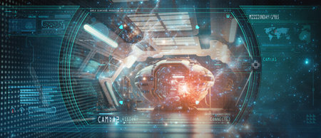 HUD ui futuristic user interface.3d global world map and business data charts. Digital screen of head up display dashboard panel, blue holograms of circular diagram, statistic graphs.の写真素材