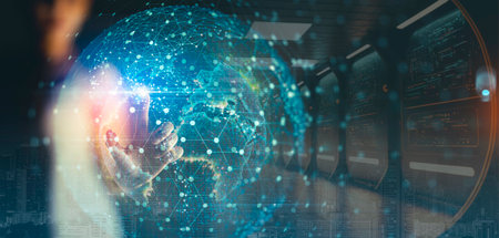 Businesswoman pushing abstract mesh dot grow earth and global online networking connection with data...