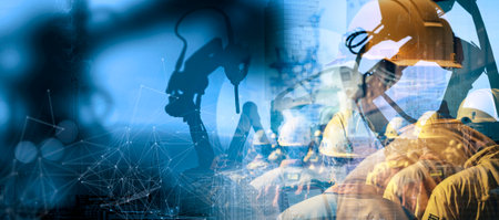 Silhouette of business innovation industry future automation robot arms factory on smart city...