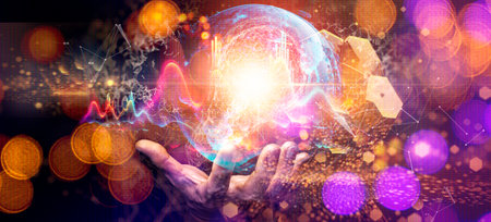 Creativity on connectivity.Innovative idea.Inspiration and network. Hand showing digital light bulbs...
