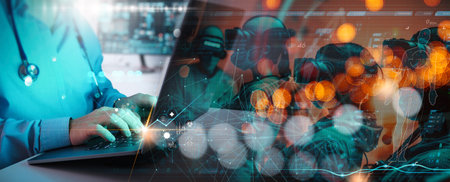 Metaverse. Science and medicine,Medical innovation technology concept. Cardiologist doctor wearing...