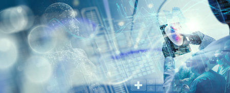 Science. Medical technology.Cardiologist doctor examine heart functions and check up report electronic medical record of patient on tablet. Digital healthcare and network connection on interface,の写真素材