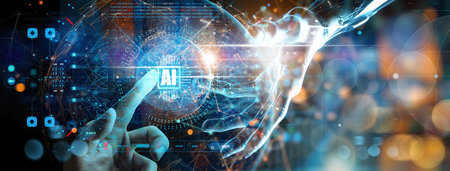 AI, Machine learning, innovation and futuristic.Hands of robot and human touching on big data network connection background, Science and artificial intelligence technology,の写真素材