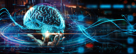 Hand showing brain of AI, Symbolic, Machine learning, artificial intelligence of futuristic...