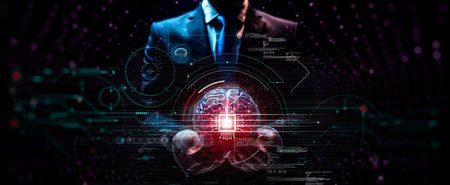Businessman holding the brain working of Artificial Intelligence (AI) in the futuristic business and coding software development on interface and synchronize network connection, IoT, innovative.の写真素材