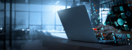 Document management DMS System Digital rights management. bausinessman working on laptop computer for this concept.の写真素材