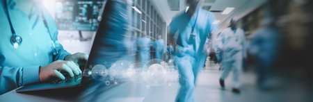 Healthcare business graph data and growth, Insurance Healthcare. Doctor analyzing medical of business report and medical examination with network connection on laptop screen.の写真素材