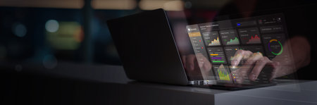 businessma use computer for personal financial transactions on mobile banking investment virtual...