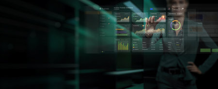 Businesswoman analyzing and calculating financial data for long term investment growth goals and company finance balance, Business strategy and planning of target. Economic analysis of Digital marketing.の写真素材
