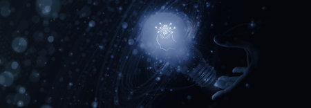 Hand of businessman holding light bulb and brain with data network digital technology. development, industrial and science. Innovation, new idea, creative and inspiration concept.の写真素材