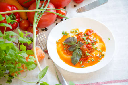 lecho stewed vegetable salad pepper tomato carrot on a white plate with vegetablesの写真素材