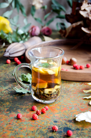 tea cup transparent glass  on a colored backgroundの写真素材