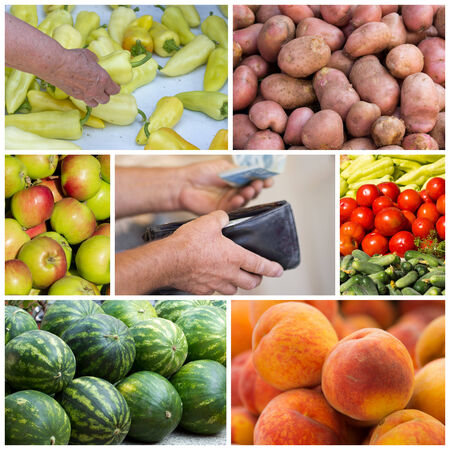 Collage of green market products and hand with money and wallet