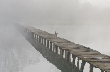 Two dogs running on wooden dock on foggy morningの写真素材