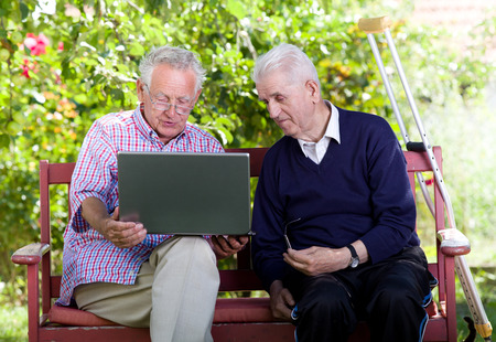 Two senior men sitting on bench in park and looking at laptop