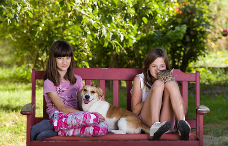 Two girls sitting on bench in park with dog and catの写真素材