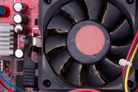 Close up of dirty cooler installed in computer caseの写真素材