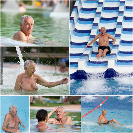 Senior man having fun in water park, collageの写真素材