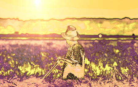 Abstract image of peasant in the wheat fieldの写真素材