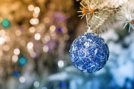 Blue christmas decoration ball hanging on treeの写真素材