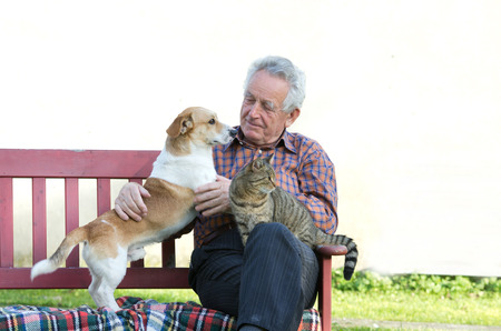 Senior man with dog and cat on his lap on benchの写真素材