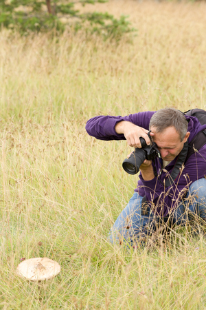 Photographer shooting mushroom with backpack in high grassの写真素材