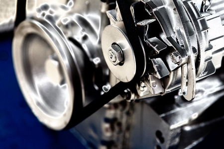 Close up of transmission belt on car engine