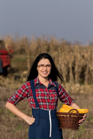 Young happy girl with basket and corns standing in the fieldの写真素材