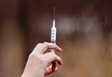 Veterinarian holding syringe with medication on the farmの写真素材
