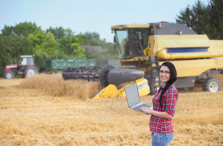 Young pretty farmer girl with laptop standing in wheat field. Combine harvester working n wheat field in backgroundの写真素材