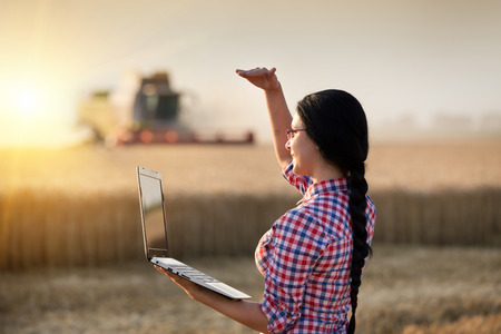 Young farmer girl with laptop standing in front of combine harvester, looking ahead and blocking sun with handの写真素材