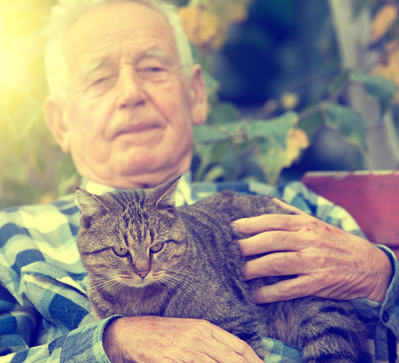 Senior man hugging and cuddling his tabby cat on bench in courtyardの写真素材