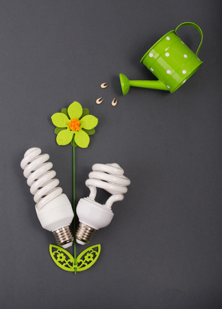 Ecology and energy saving concept. Collage of flower with eco bulbs as leaves of plant growing from ground, watering from wateringcan. Natural friendly light technologyの写真素材