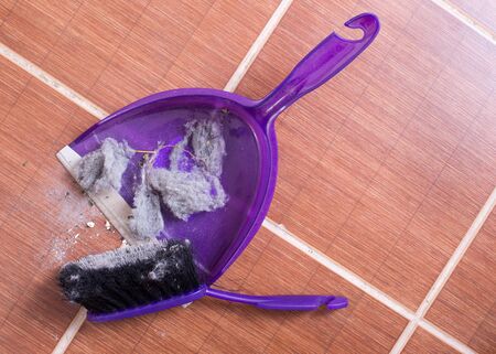 Top view of dust pan full of hair clot and dirt on tiled floor. Housekeeping conceptの写真素材