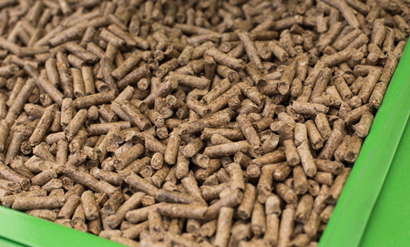 Close up of wood pellets for heating in green containerの写真素材