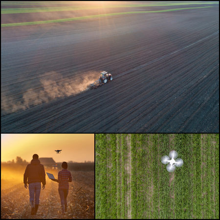 Collage of aerial images of agricultural works in field shoot from droneの写真素材