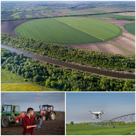 Collage of aerial images of agricultural works in field shoot from droneの写真素材