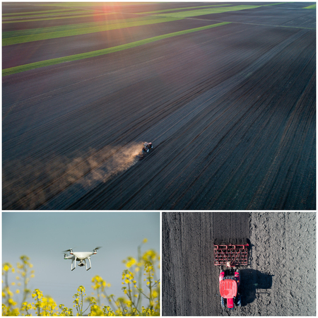 Collage of aerial images of agricultural works in field shoot from drone