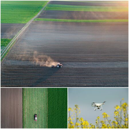 Collage of aerial images of agricultural works in field shoot from droneの写真素材