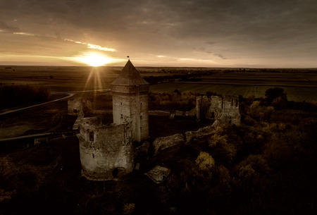 Aerial image of medieval ruin fortress in Bac in Serbia at sunset. Sepia image techniqueの写真素材