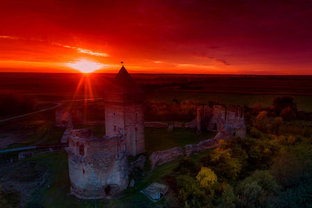 Aerial image of medieval ruin fortress in Bac in Serbia at sunsetの写真素材