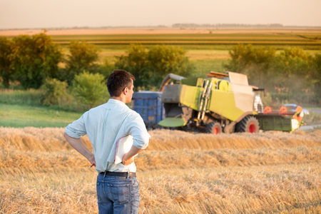 Rear view of young farmer engineer with notebook standing on wheat field while combine harvester working in backgroundの写真素材