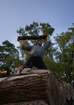 Low angle of young strong lumberjack raising wooden log above pileの写真素材
