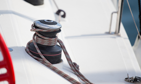 Close up of ropes on boat for tying to dockの写真素材